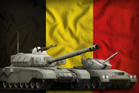 Belgium tank forces concept on the national flag background. 3d Illustration