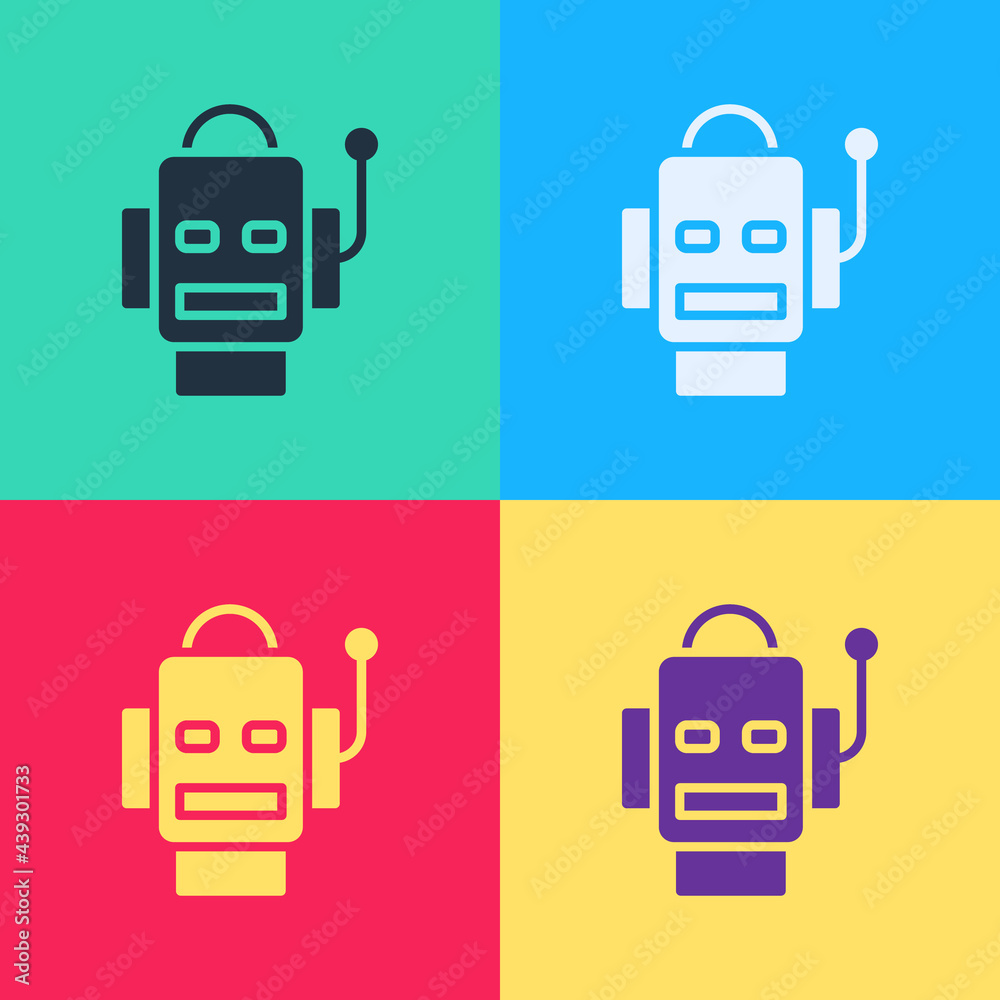 Poster pop art robot icon isolated on color background. artificial intelligence, machine learning, cloud co