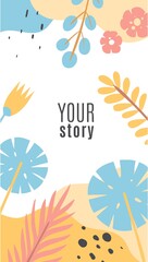 Stories with leaves tropical. Botanical background with blue and orange plants and flowers, frame with copy space, social media posts vertical minimal design backdrop vector illustration