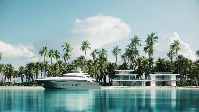 Luxury mansion beach house. Yacht on the villa background. 3d visualization