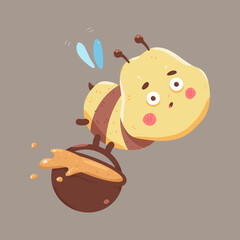 Cute bee with honey bucket vector cartoon character isolated on background.