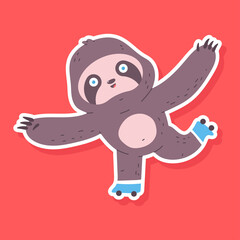 Cute sloth roller skating vector sticker illustration isolated on background.