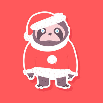 Cute sloth in Santa Claus costume vector sticker illustration isolated on background.