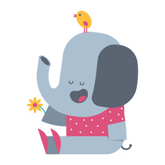 Cute elephant with bird and flower vector cartoon character isolated on a white background.