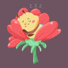 Cute bee sleep in flower vector cartoon character isolated on background.