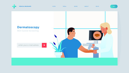 Dermatoscopy. Skin Cancer Screening. Medical Equipment. Medical Specialist Screening Patient on Birthmarks in Laboratory. Modern Flat Vector Illustration. Website Banner. Landing Page Design Template.