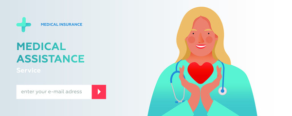 Young Female Medical Specialist Hold Red Heart on Abstract Background. Cardiology Concept. Modern Flat Vector Illustration. Website Banner. Social Media Template.