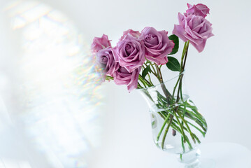 bouquet with beautiful pink roses in a vase on a light background with a beautiful glare on the side of the frame