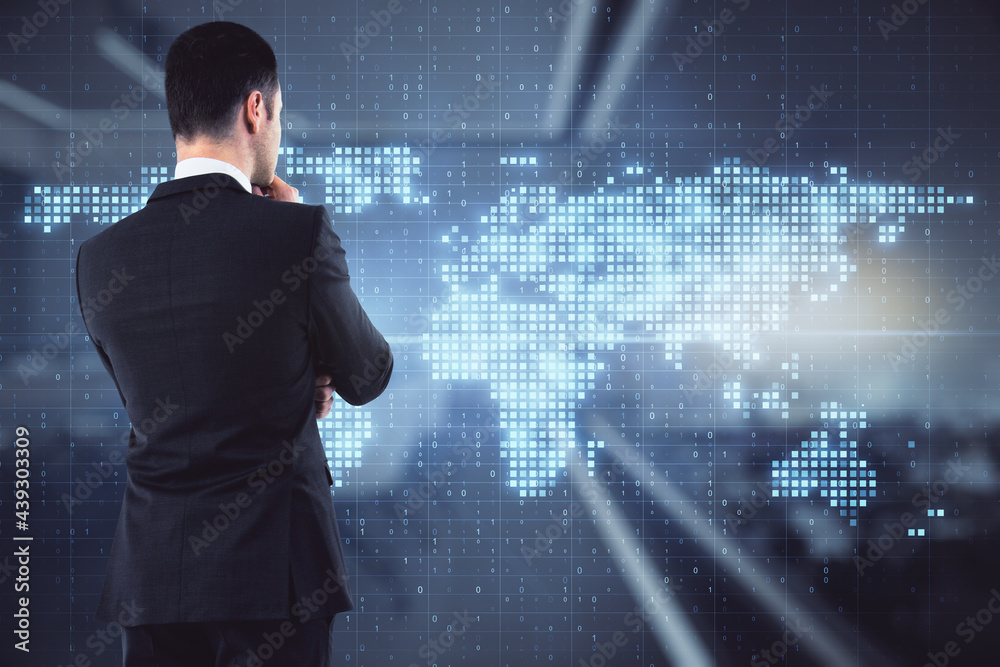 Poster digital transformation and digitalization concept with businessman looking at virtual screen with gl