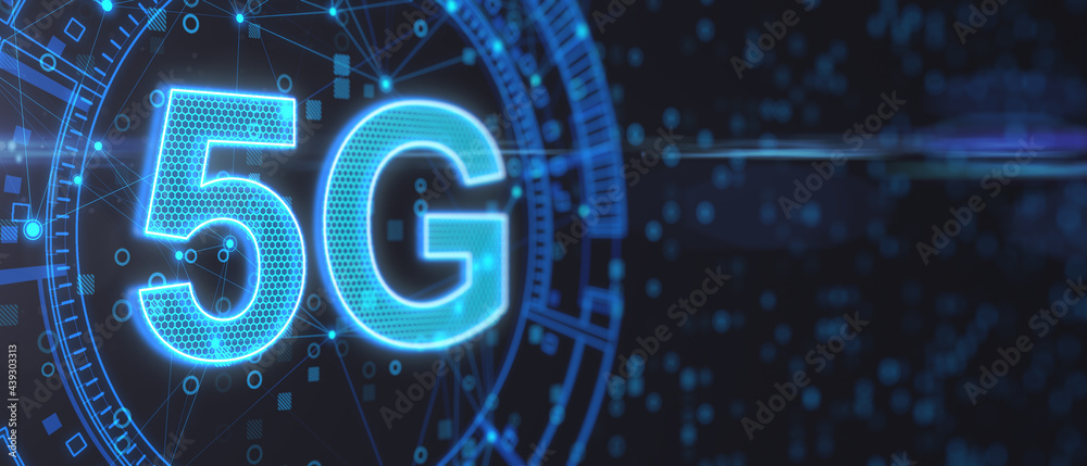 Aufkleber 5G network digital hologram and internet of things background with mock up place. High speed internet concept. 3D Rendering.