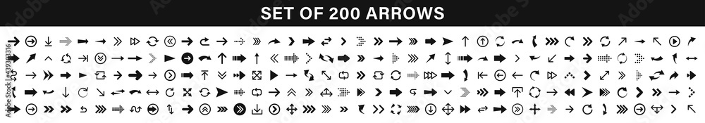 Sticker arrows set of 200 black icons. arrow icon. arrow vector collection. arrow. cursor. modern simple arr
