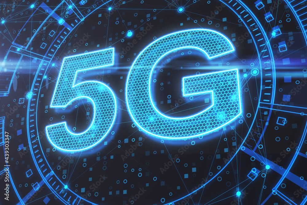 Poster 5G network digital hologram and internet of things background. High speed internet concept. 3D Rendering.