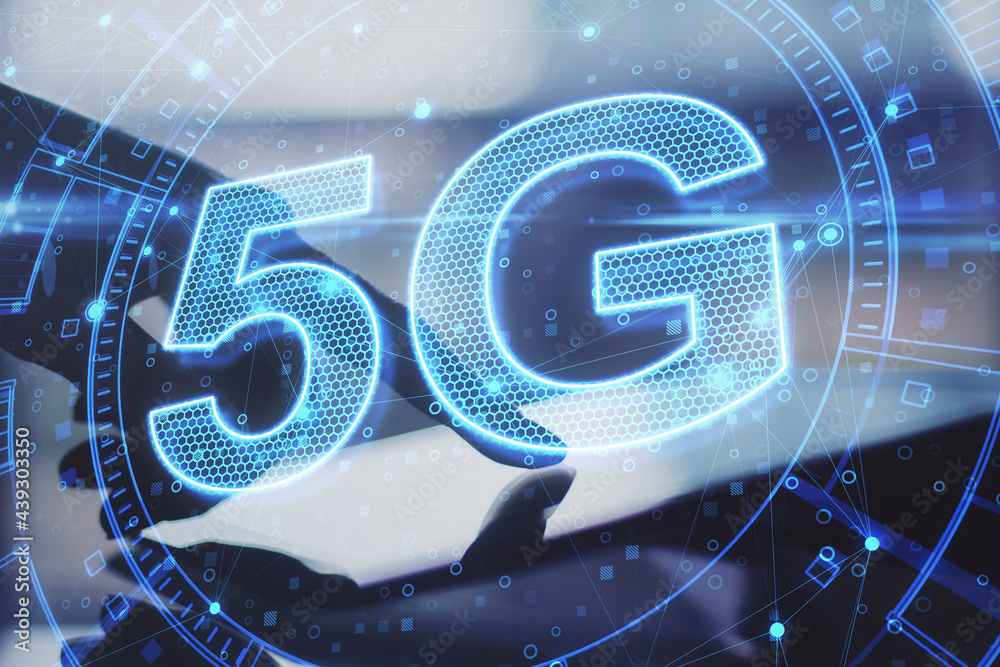 Poster Hand using tablet with 5G network digital hologram and internet of things background. High speed internet concept. Double exposure.