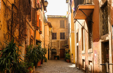 Fototapeta na wymiar Rome, Trastevere neighborhood. The sun makes beautiful effects in a typical alley.