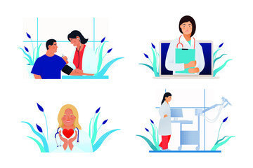 Set of Modern Flat Medical Insurance Illustrations. Blood Pressure Procedure, Medical Specialist Hold Red Heart, Spirometry, Plethysmography Equipment in Medical Office, Medical Appointment.