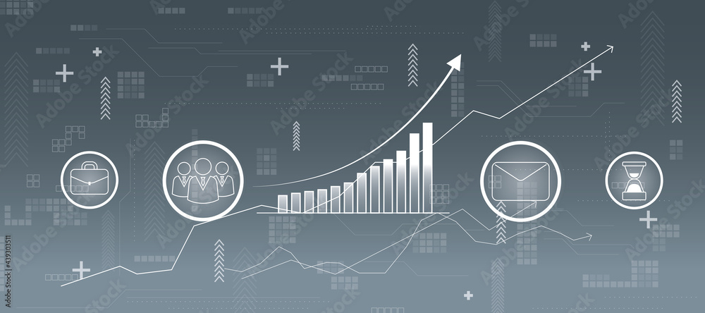 Poster start up strategy concept with social network icons and financial growing graph and arrow on grey ba