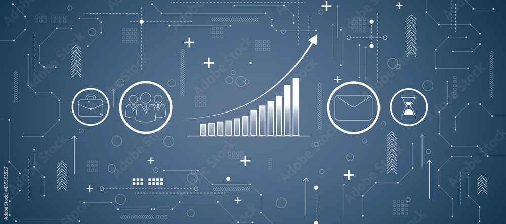 Poster Team unity and startup concept with white icons of collegues, message, work and time divided by growing financial graph with arrow