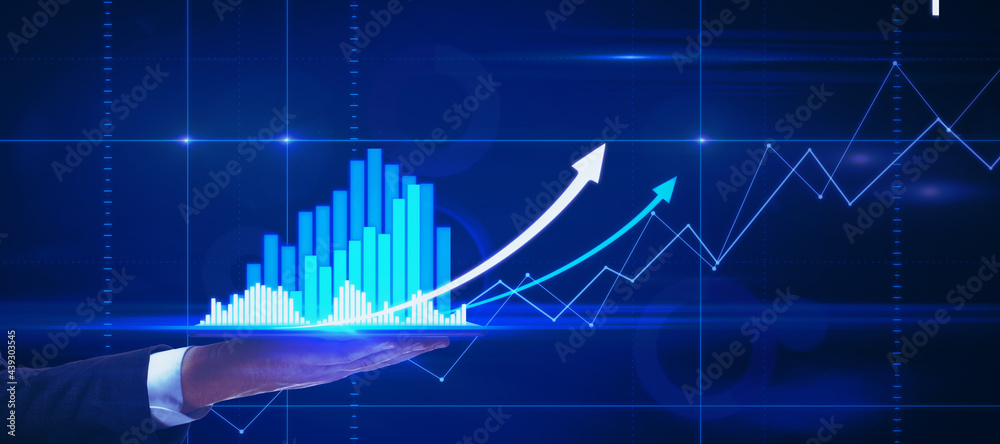 Poster businessman using tablet with glowing forex chart interface. innovation and trade concept.