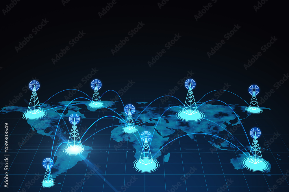 Poster Creative glowing digital map with location pins on blue background. 3D Rendering.
