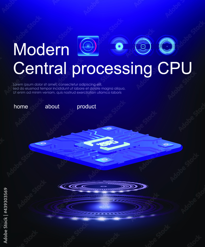 Poster futuristic microchip processor for computer. processing large amounts of information. isometric cybe