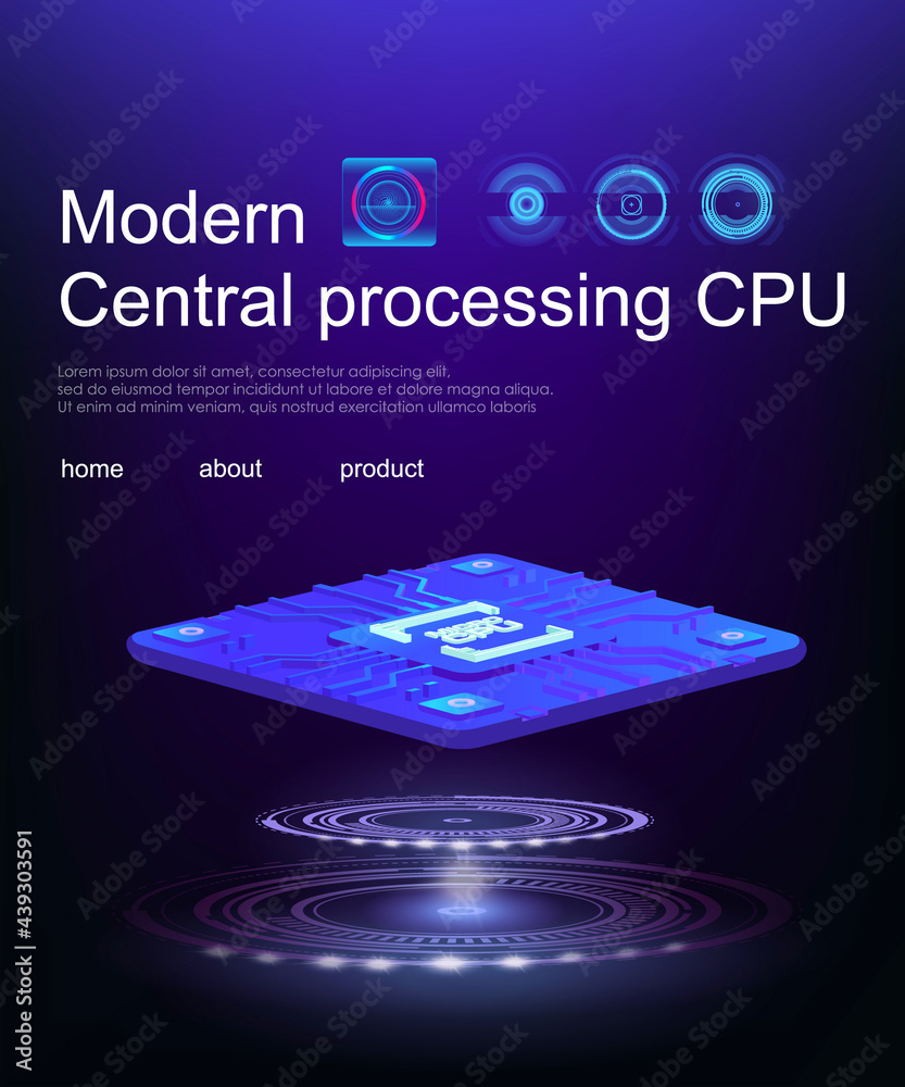 Poster futuristic microchip processor for computer. processing large amounts of information. isometric cybe