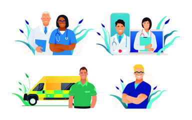 Set of Modern Flat Medical Insurance Illustrations. Medical Specialists, Ambulance Transport, Medical Appointment.