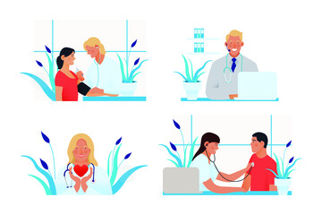 Set of Modern Flat Medical Insurance Illustrations. Call Center, Young Medical Specialist Hold Red Heart, Blood Pressure Test, Cardiac Auscultation in Medical Office.