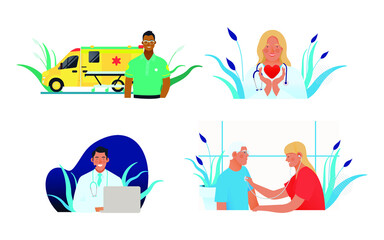 Set of Modern Flat Medical Insurance Illustrations. Ambulance Transport, Call Center, Young Medical Specialist Hold Red Heart, Cardiac Auscultation in Medical Office.