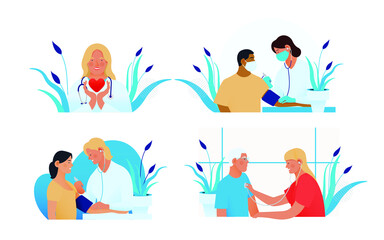 Set of Modern Flat Medical Insurance Illustrations. Young Medical Specialist Hold Red Heart, Blood Pressure Test, Cardiac Auscultation in Medical Office.