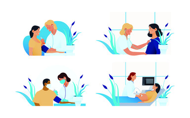 Set of Modern Flat Medical Insurance Illustrations. Blood Pressure Test, Ultrasonography Procedure, Cardiac Auscultation in Medical Office.