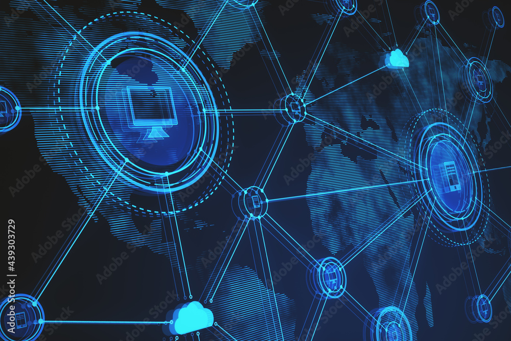 Poster Abstract glowing digital business interface on blue background. 3D Rendering.