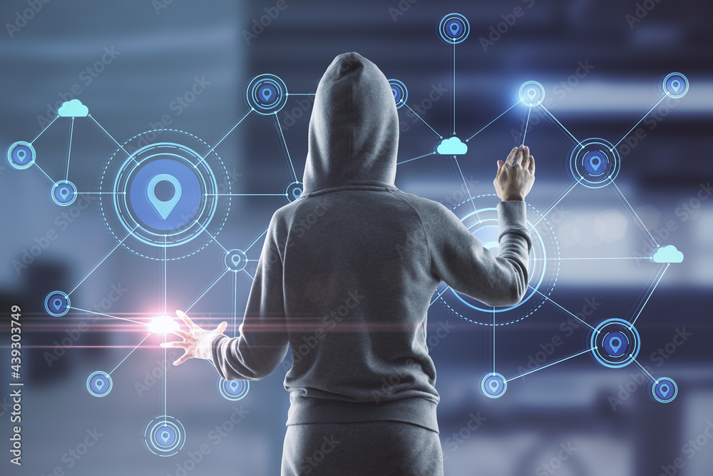 Poster Back view of hacker in office with glowing digital map with location pins on blurry background. Hacking and communication concept. Double exposure.