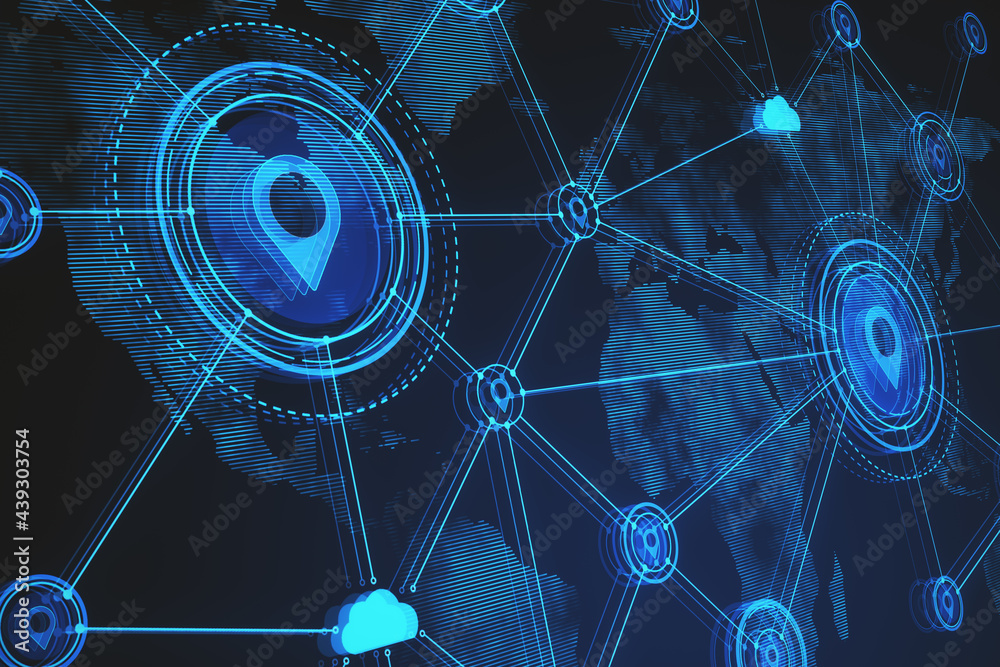Poster Futuristic glowing digital map with location pins on blue background. 3D Rendering