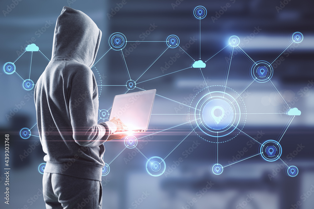 Poster Back view of hacker with laptop in office with glowing digital map with location pins on blurry background. Hacking and communication concept. Double exposure.