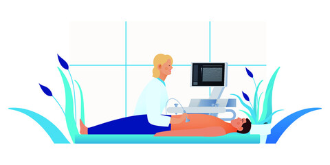 Fototapeta na wymiar Ultrasonography Procedure. Doctor Examing Male Patient with Scanner in Medical Office or Laboratory. Modern Flat Vector Concept Illustration. 