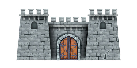 Medieval castle tower, ancient stone city entrance, fortress brick wall, wooden isolated double door. Historical game citadel illustration, town entrance. Fortification castle tower facade front view - obrazy, fototapety, plakaty