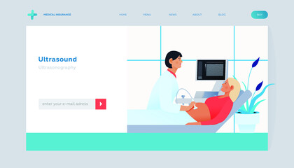 Ultrasonography Procedure. Doctor Examing Patient Pregnant Woman with Scanner in Medical Office or Laboratory. Modern Flat Vector Concept Illustration. Landing Page Design Template. Website Banner.