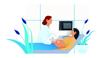 Ultrasonography Procedure. Doctor Examing Patient Pregnant Woman with Scanner in Medical Office or Laboratory. Modern Flat Vector Concept Illustration. 
