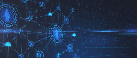 Abstract glowing blue business interface on blurry background with empty mock up place. Human resources and online recruitment concept. 3D Rendering.
