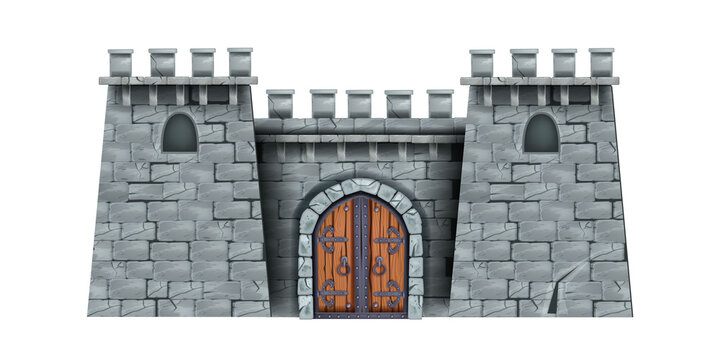 Medieval castle tower, ancient stone city entrance, fortress brick wall, wooden isolated double door. Historical game citadel illustration, town entrance. Fortification castle tower facade front view