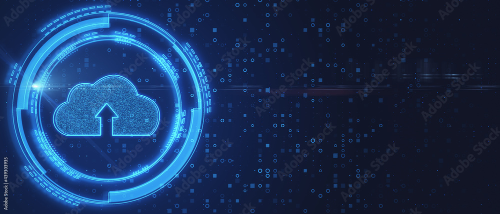 Poster Cloud computing and storage concept with blank dark wallpaper and digital glowing button with cloud symbol inside. 3D rendering, mockup
