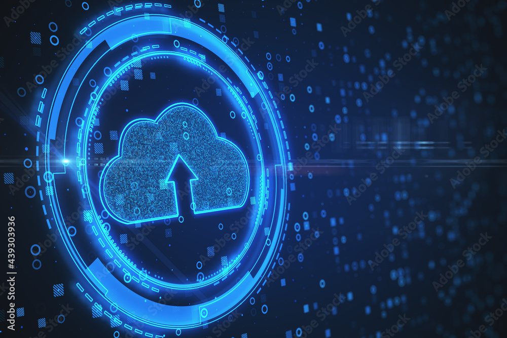 Poster cloud technology service concept with digital blue button with cloud and arrow icon inside on abstra