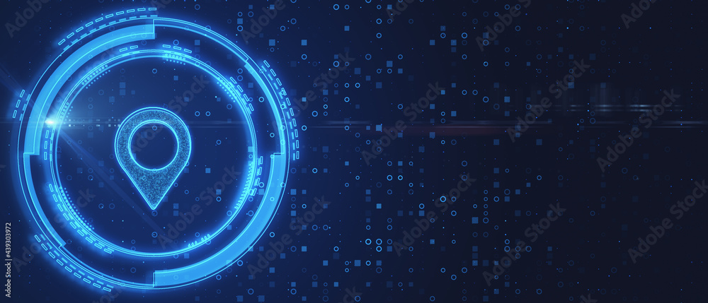Aufkleber Close up of glowing digital map pin on blue background with mockup space. Futuristic navigation concept. 3D Rendering.