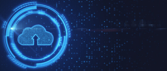 Cloud computing and storage concept with blank dark wallpaper and digital glowing button with cloud...
