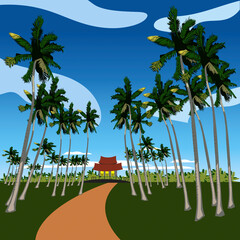  Vector illustration with traditional malay village house or Kampung surrounded with coconut trees.  - obrazy, fototapety, plakaty