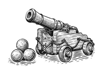 Old pirate ship cannon and cannonballs. Sketch vintage vector illustration - obrazy, fototapety, plakaty