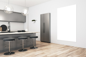 Modern kitchen interior with empty poster on concrete wall, wooden floor, appliances and spherical lamps. Luxurious lifestyle concept. Mock up, 3D Rendering.