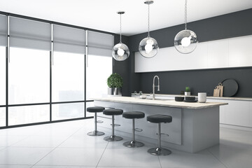 Bright kitchen interior with concrete wall, floor, city view, equipment and spherical lamps. Luxurious lifestyle concept. 3D Rendering.