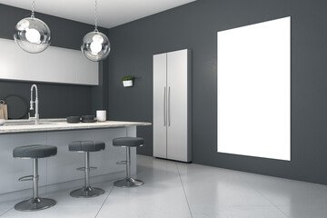 Modern kitchen interior with empty poster on concrete wall, shiny floor, appliances and spherical lamps. Luxurious lifestyle concept. Mock up, 3D Rendering.