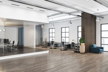 Stylish open space office interior design with light ceiling and walls, modern furniture, wooden parquet, city view from big window and spacious conference room